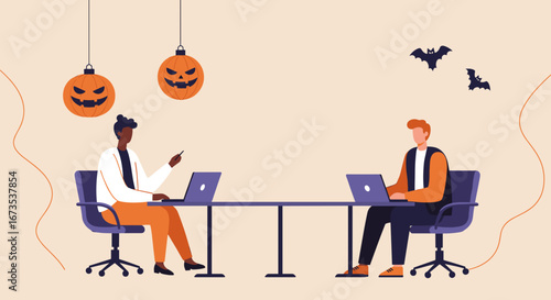 Two diverse professionals work on laptops in a festive office setting, decorated with Halloween pumpkins and bats, blending productivity with holiday spirit for seasonal business themes.