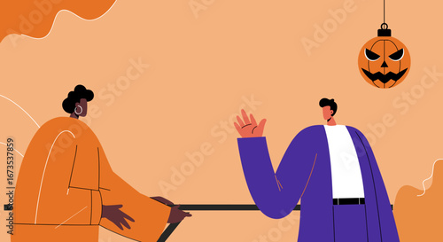 Diverse individuals interact at a festive Halloween celebration, featuring a spooky jack-o'-lantern. Ideal for holiday marketing.