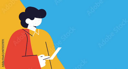 Flat design illustration of a person holding a device and pointing, ideal for concepts like business communication, digital learning, or modern technology.