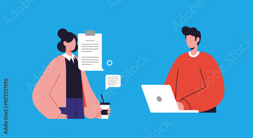 Professionals collaborating online or remotely. A woman with a clipboard and coffee communicates with a man working on a laptop, symbolizing teamwork, business, and modern workflow.