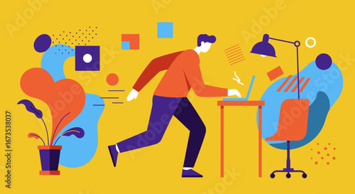 Stylized illustration of a busy man rushing to work on his laptop at a desk, representing fast-paced digital work, productivity, and modern business efficiency. Ideal for tech or corporate themes.