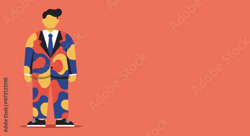 A stylized man in a vibrant, abstract patterned suit stands confidently against a plain background, representing individuality and unique business style.