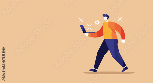 Modern flat illustration of a man walking, actively engaged with a laptop, symbolizing mobile work, innovation, problem-solving, and efficient business processes.