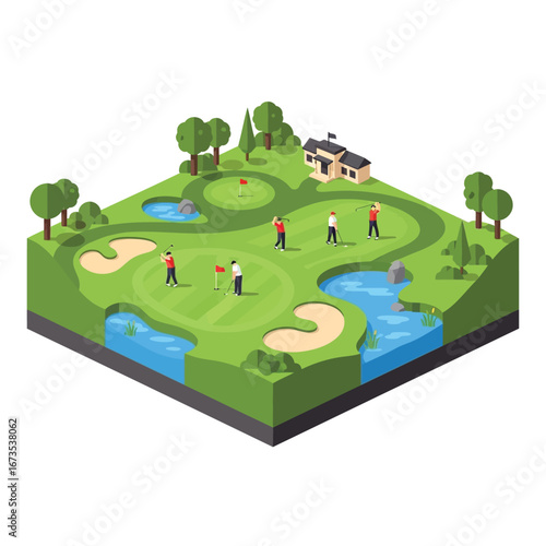 Isometric illustration of a golf course with players, sand traps, water features, trees, and a clubhouse.