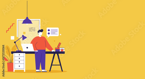 Professional man working remotely on laptop at his organized desk, managing tasks and communicating online. Ideal for business, technology, and freelance concepts.