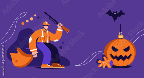 Halloween character in uniform holding a weapon-like broom, ready for spooky tasks amidst festive decor. Perfect for autumn holiday themes.