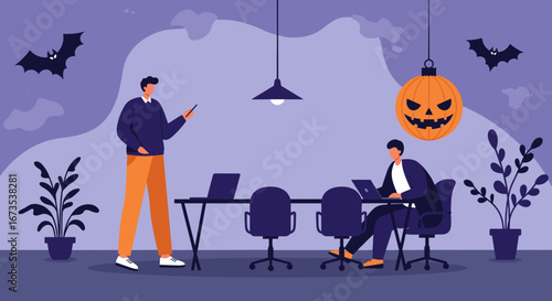 Two men working diligently in a modern office decorated for Halloween, featuring a spooky jack-o'-lantern and bats. Ideal for business, holiday, and technology themes.
