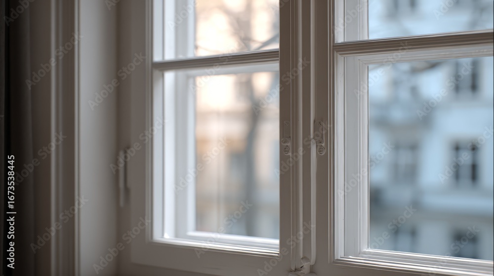 Fototapeta premium White Wooden Window with Partially Open Frame, Overlooking Urban Buildings