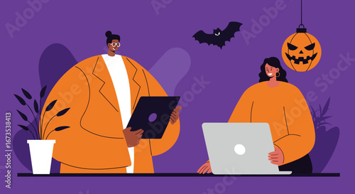 Diverse colleagues happily collaborate with technology in a festive, Halloween-decorated office. Ideal for seasonal business, remote work, and holiday marketing.