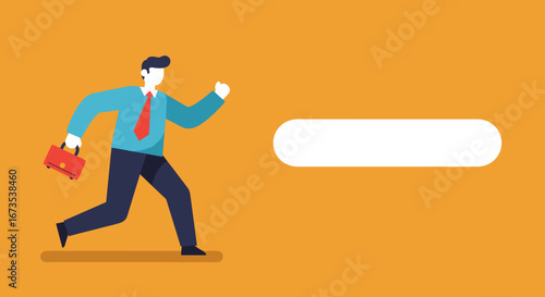 Dynamic illustration of a businessman rushing with a briefcase, symbolizing urgency, ambition, and career progress. Ideal for business concepts with ample copy space.