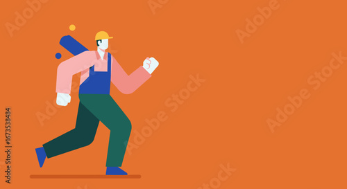 Vibrant illustration of a worker in a hard hat, carrying blueprints, running with urgency. Symbolizes progress, project completion, and efficient delivery in construction or business.