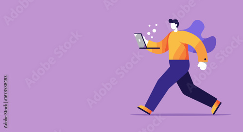 Modern man strides confidently, working on his laptop, symbolizing mobile productivity, digital communication, and remote business on a lavender background.