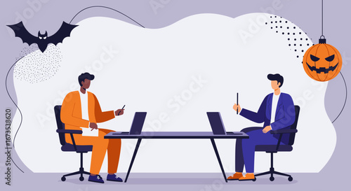 Two diverse businessmen collaborate at a festive Halloween-themed office, working on laptops. Ideal for seasonal business, team meetings, or holiday promotions.