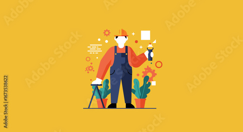 Skilled worker in hard hat and overalls holding a tool, surrounded by gears and plants. Represents engineering, maintenance, and creative solutions.