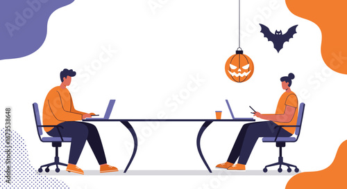 Two people working remotely on laptops at a desk, decorated for Halloween with a pumpkin and bat. Represents remote work or office productivity during the holiday season.