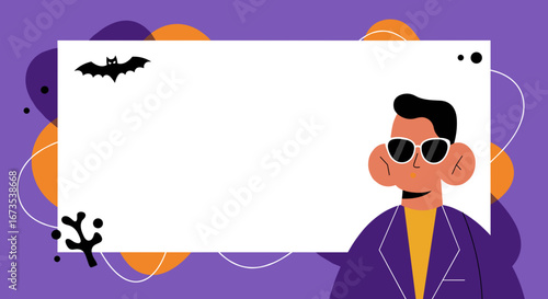 Stylish man with sunglasses and bat silhouette on a vibrant purple and orange Halloween-themed frame. Perfect for spooky invitations, seasonal promotions, or festive announcements with copy space.