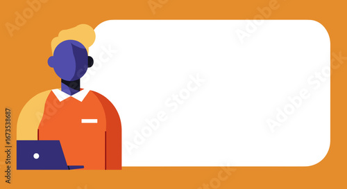 Illustration of a person working on a laptop next to a large blank speech bubble, ideal for communication concepts, online content, or virtual assistance.