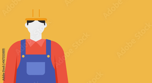 Minimalist flat design illustration of a construction worker in a hard hat and overalls, representing labor, safety, and skilled trades. Ideal for industrial, business, or service-related projects.