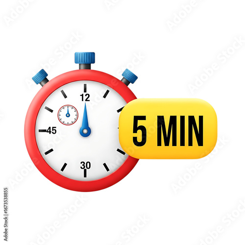 Stopwatch showing 5 minutes with yellow label, isolated on transparent background