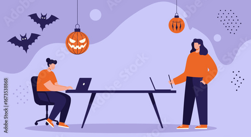 Professionals collaborating in a festive Halloween-themed office workspace, using laptops for remote work and creative tasks. Ideal for seasonal business concepts.