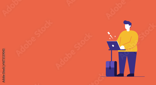 Professional individual focused on a laptop, standing with a bag, representing remote work, online education, or mobile business. Generous copy space for creative use.