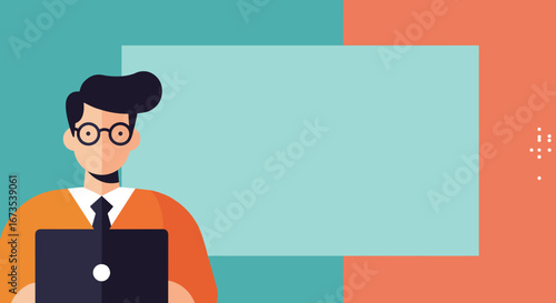 Illustration of a man in glasses working on a laptop, standing next to a large blank screen for text or presentation. Ideal for business, technology, education concepts.