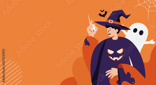 Playful Halloween illustration featuring a person in a witch costume with a ghost, bats, and spiderweb on an orange background. Ideal for seasonal celebrations and spooky promotions.