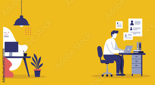 A focused man works diligently on his laptop at an office desk, surrounded by business documents. Ideal for concepts of productivity, recruitment, career development, and modern workflow.