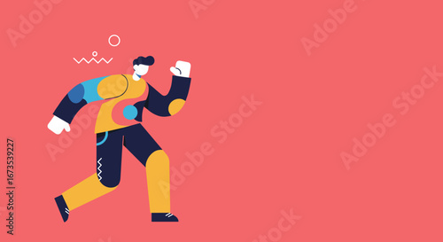 Dynamic stylized figure running with energy on a vibrant background, representing progress, activity, or a modern lifestyle pursuit.