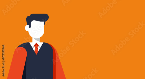 Minimalist flat design illustration of a professional man in business attire on an orange background, ideal for corporate, HR, or abstract business concepts.