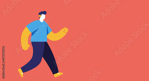 Stylized illustration of a person walking with purpose against a vibrant coral background, symbolizing progress, activity, and a dynamic lifestyle.