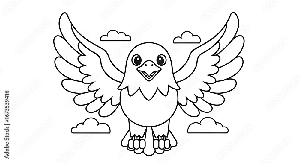 Fototapeta premium Cartoon Eagle with Wings Spread, Clouds, Black and White.