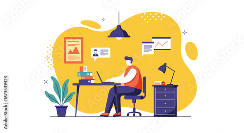 Focused man working on laptop at desk, ideal for illustrating remote work, business productivity, freelancing, and online education concepts.