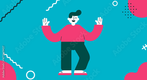 Cheerful cartoon man with raised hands on a vibrant abstract background, conveying happiness, welcome, and modern energy. Ideal for business, lifestyle, or digital marketing concepts.