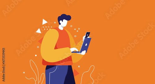 An illustration of a person multitasking, working efficiently on a laptop while holding a smartphone. Represents modern connectivity, digital work, and lifestyle.