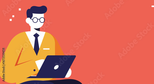 A professional man in glasses works diligently on his laptop against a vibrant background, symbolizing modern business, technology, and productivity.