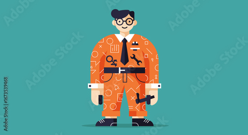 Smiling male expert in an orange jumpsuit adorned with science and technology symbols, ideal for concepts of innovation, engineering, and problem-solving.