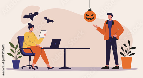 Colleagues celebrating Halloween in a festive office, with bats and a jack-o'-lantern creating a spooky yet fun work environment. Perfect for seasonal business promotions and holiday content.