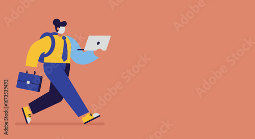 Dynamic illustration of a person walking, multitasking with a laptop, briefcase, and backpack. Represents modern work, remote productivity, and a busy professional life.