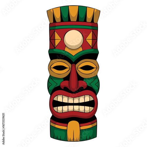 Tiki tribal colored totem cartoon icon representing Hawaiian culture elements isolated on white background vector illustration for tradition and design