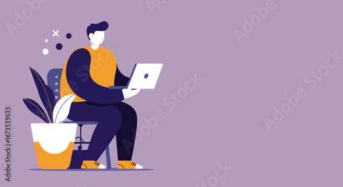 Modern illustration of a man focused on his laptop, representing remote work, online learning, and digital productivity in a contemporary setting. Ideal for business and tech concepts.