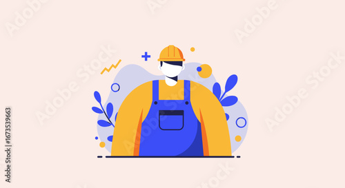 Illustration of a worker wearing a hard hat and overalls, symbolizing construction, service, and safety. Ideal for business, employment, and professional themes.