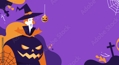 Vibrant Halloween illustration with a witch, grinning Jack-o'-lantern, spider web, and gravestone on purple. Great for spooky promotions or festive designs.
