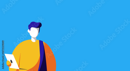A vibrant flat design illustration of a person holding a tablet, ideal for conveying digital learning, communication, or modern technology concepts with ample copy space.