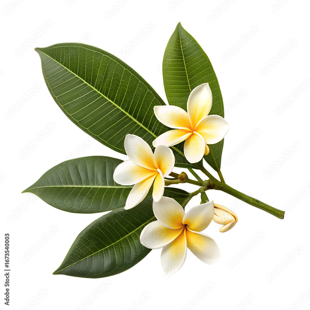 Fototapeta premium A beautiful cluster of white and yellow frangipani flowers and green leaves is isolated, perfect for a transparent background.