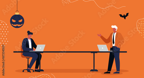 Business professionals working and discussing in a Halloween-themed office, featuring festive decorations. Ideal for seasonal corporate content.