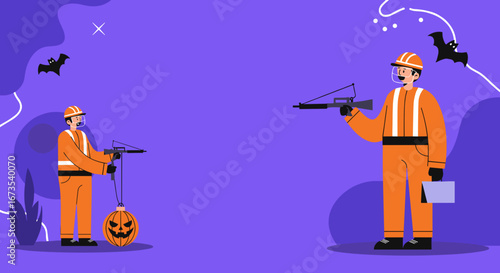 Two figures in protective orange suits with specialized equipment engage in a mysterious Halloween operation, balancing safety with festive exploration.