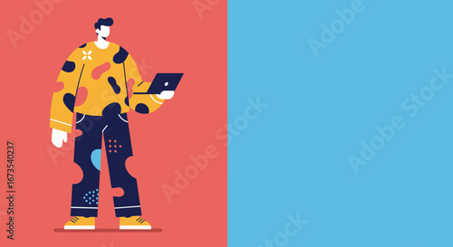 Modern man using a laptop, representing digital work, online learning, or creative collaboration. Vibrant illustration with copy space for technology and lifestyle concepts.