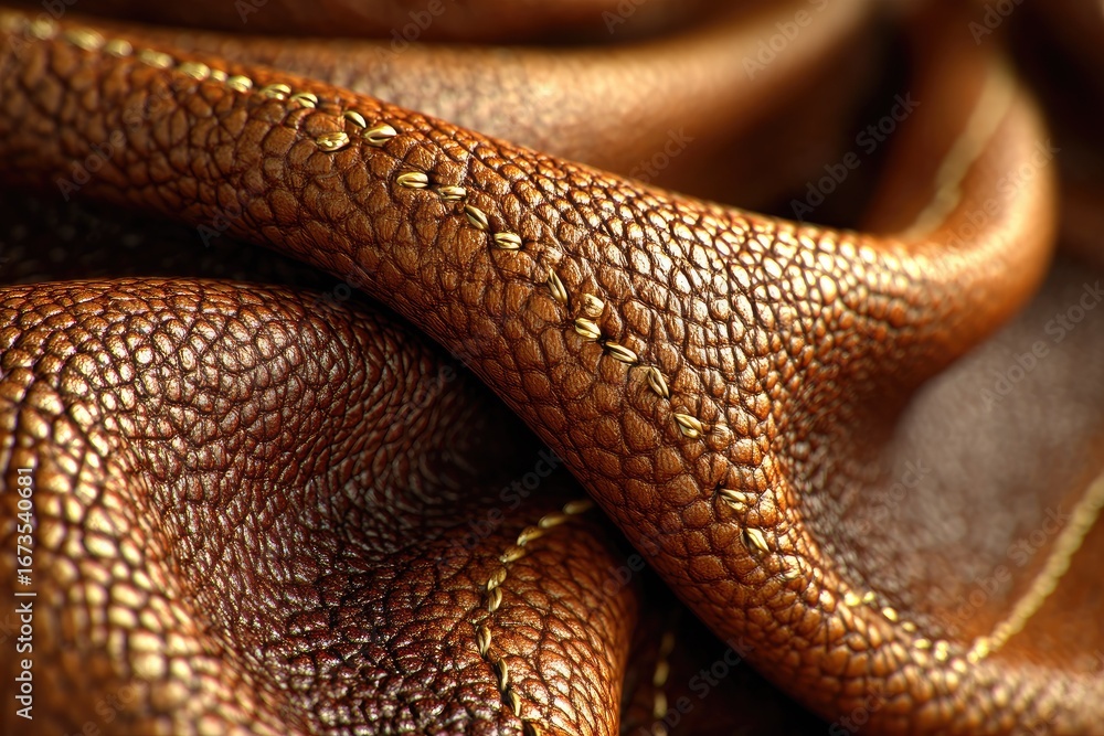 Fototapeta premium Rich brown leather with subtle stitching, showing texture and folds