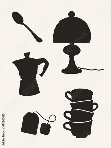 Tea Time Concept Illustration in Retro Black Silhouette Style, Including Coffee Pot, Teacup, Spoon, Teabag, and Lamp